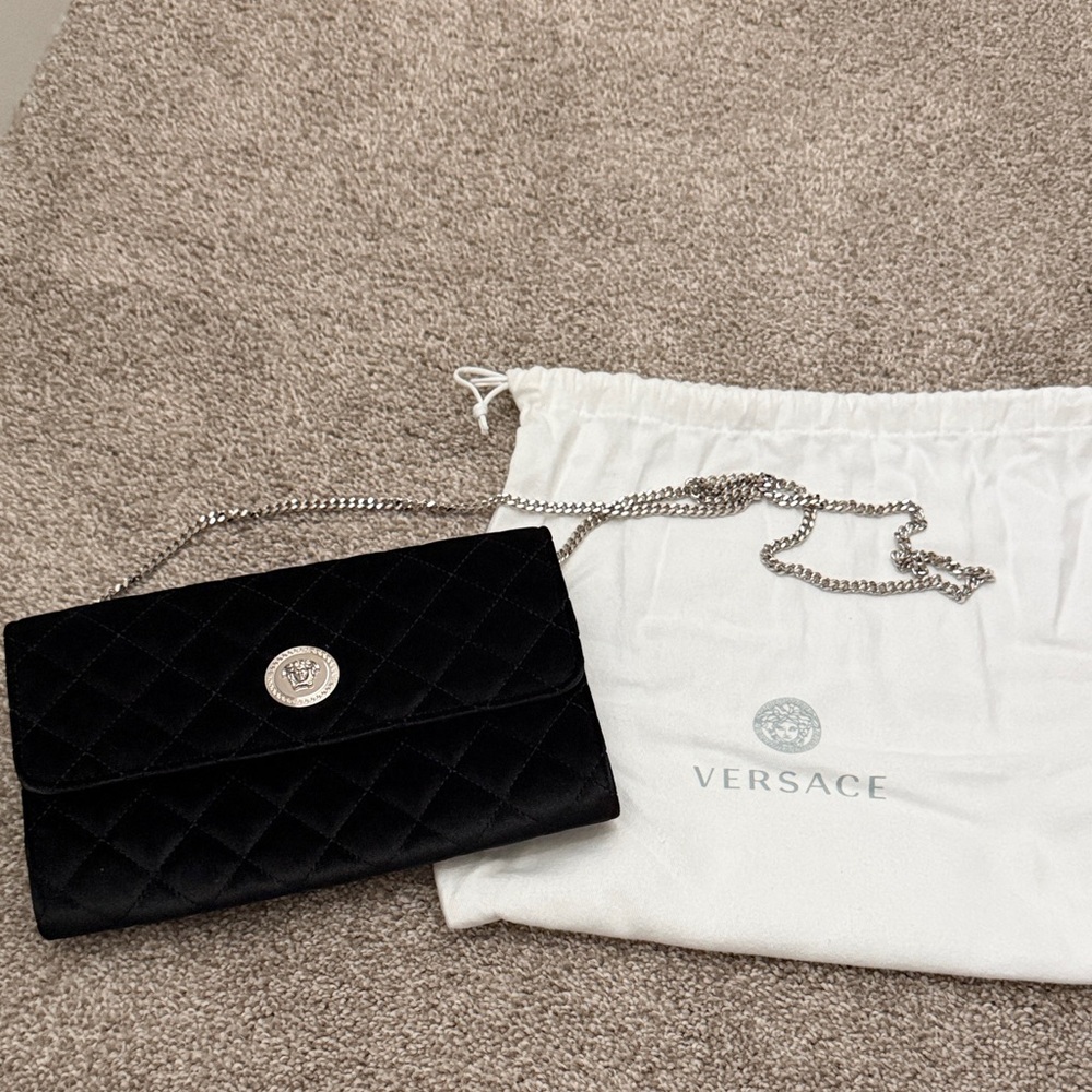 Versace Black Quilted Crossbody with Silver Chain and Medallion